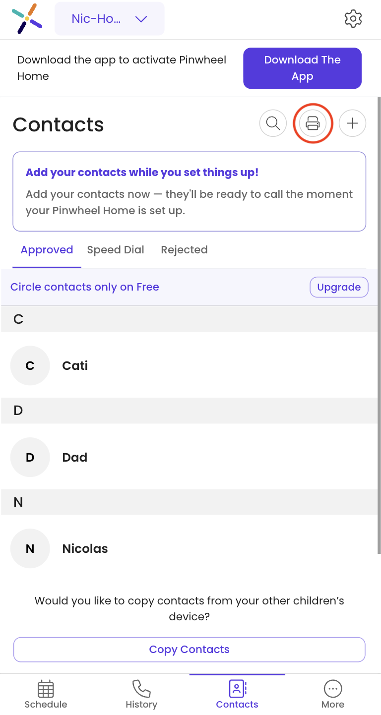 The Contacts screen in the Caregiver Portal, with the print icon highlighted in the top right corner