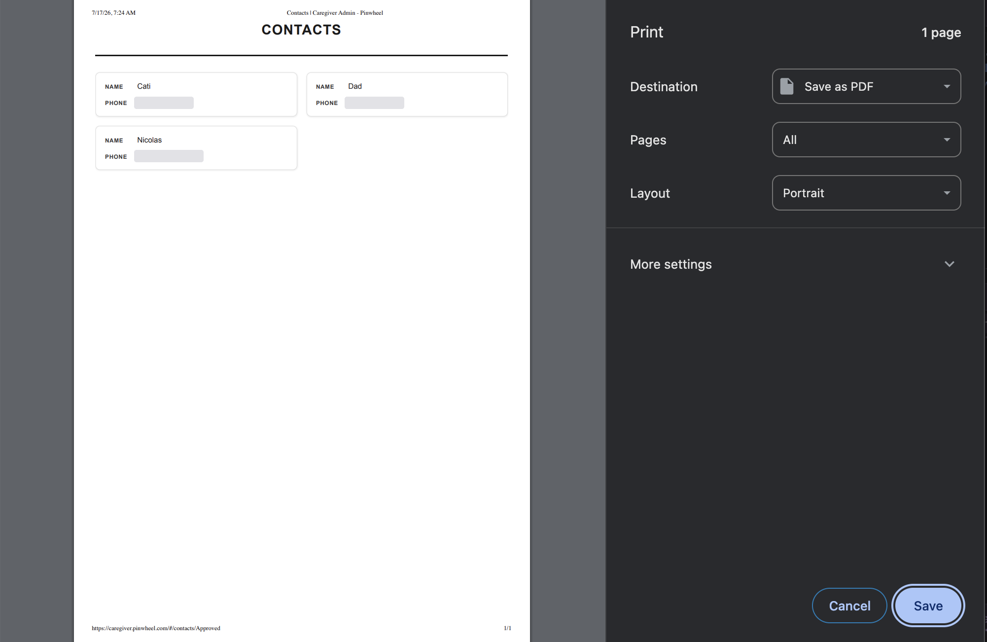 The print preview showing contacts as a one page list, with Destination set to Save as PDF
